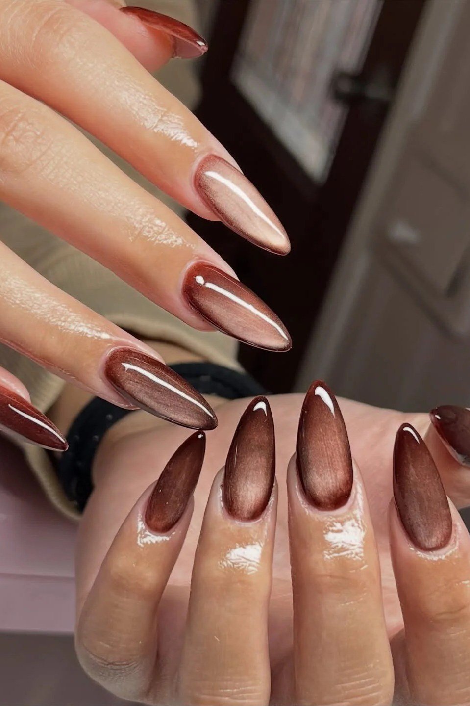 Chocolate Brown Glossy Almond Nails - elegant almond nail idea for women over 60