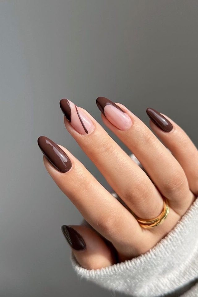Chocolate Brown Almond Nails with Line Art - elegant almond nail idea for women over 60