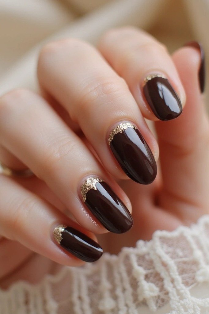 Burgundy Almond Nails with Gold Glitter Tips - elegant almond nail idea for women over 60