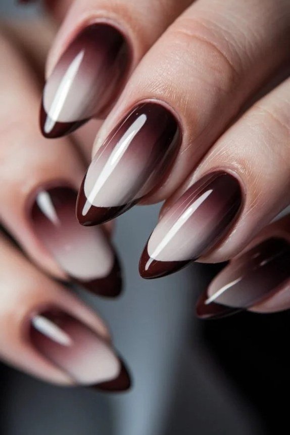Burgundy Ombre Almond Nails - elegant almond nail idea for women over 60
