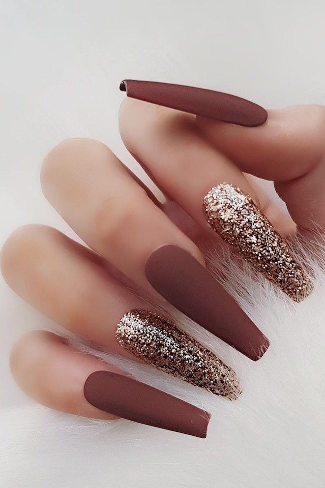 Burgundy Almond Nails with Gold Glitter Accent - elegant almond nail idea for women over 60