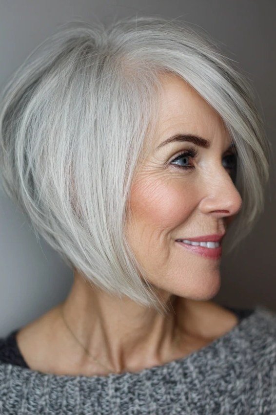 Silver side-swept layered bob for women over 50