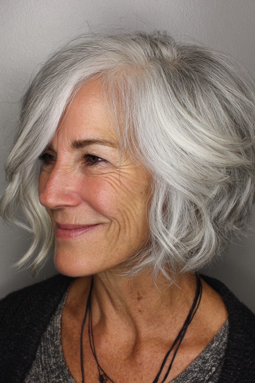 Silver tousled layered bob for women over 50