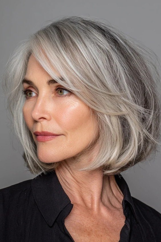 Silver feathered layered bob for women over 50