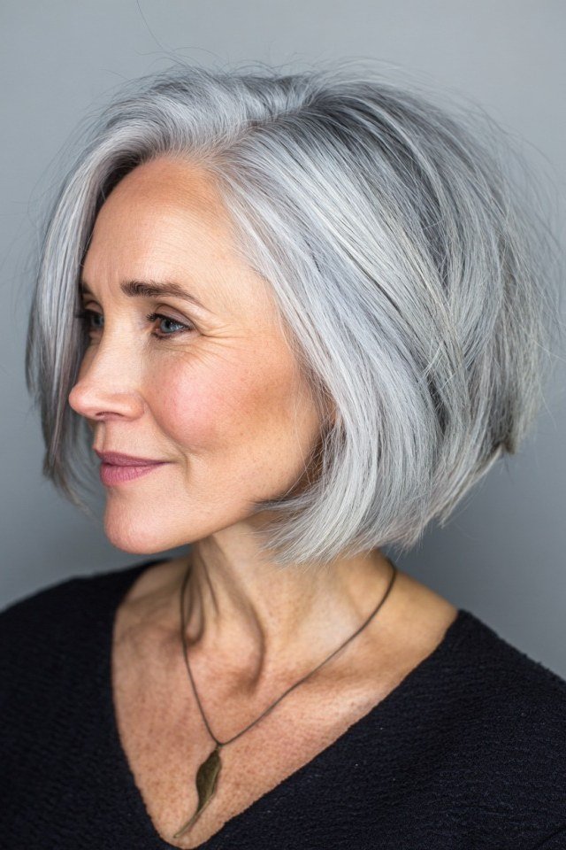 Silver rounded layered bob for women over 50