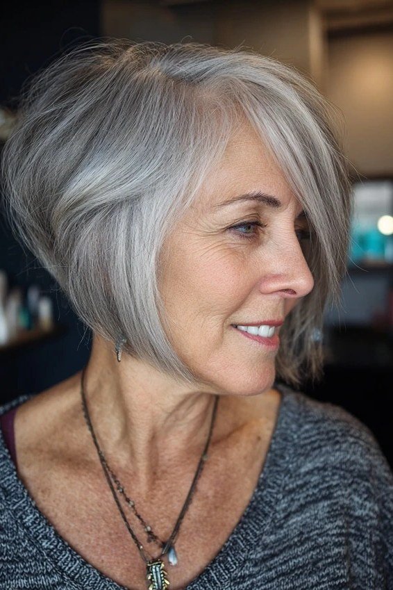 Silver salon layered bob for women over 50