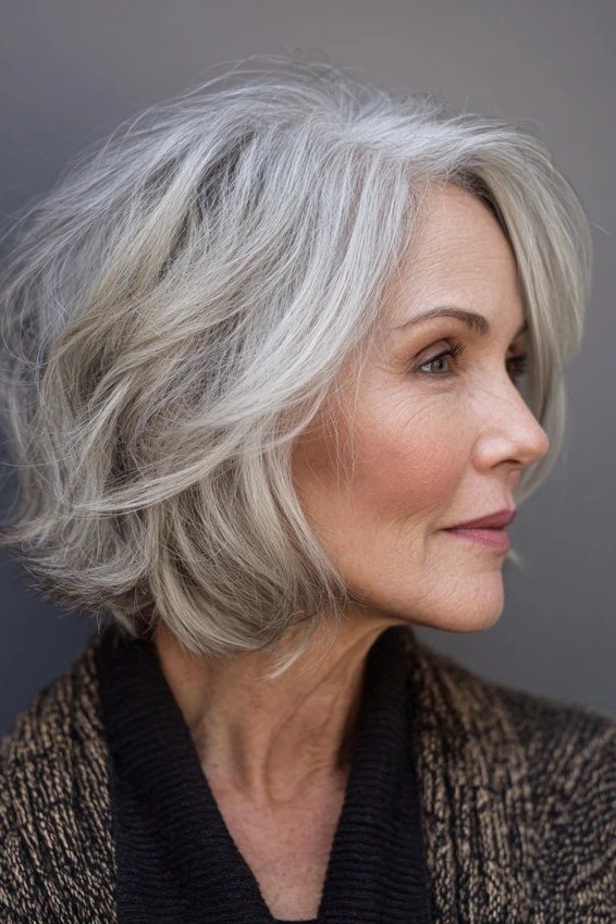 Silver wavy layered bob for women over 50