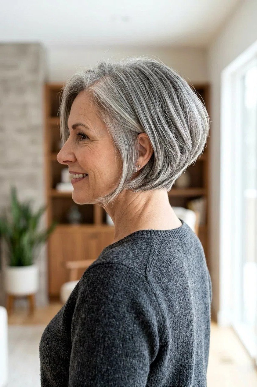 Silver stacked layered bob for women over 50