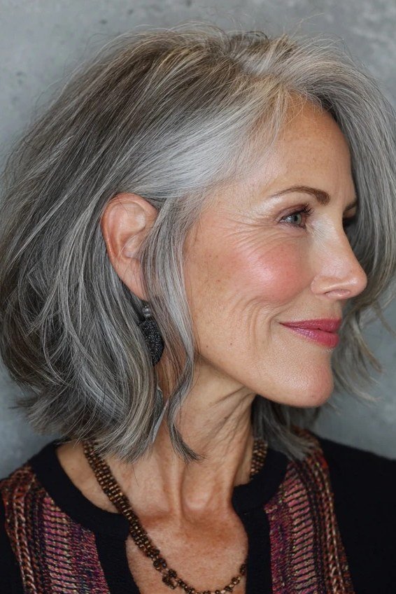 Silver layered bob with face-framing layers for women over 50