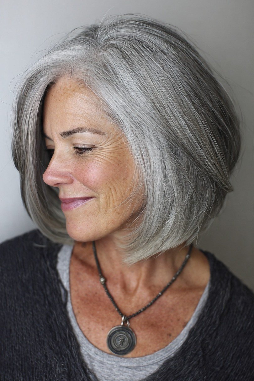 Soft silver layered bob for women over 50