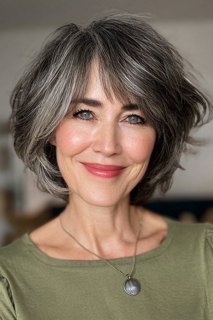 Salt-and-pepper tousled layered bob for women over 50