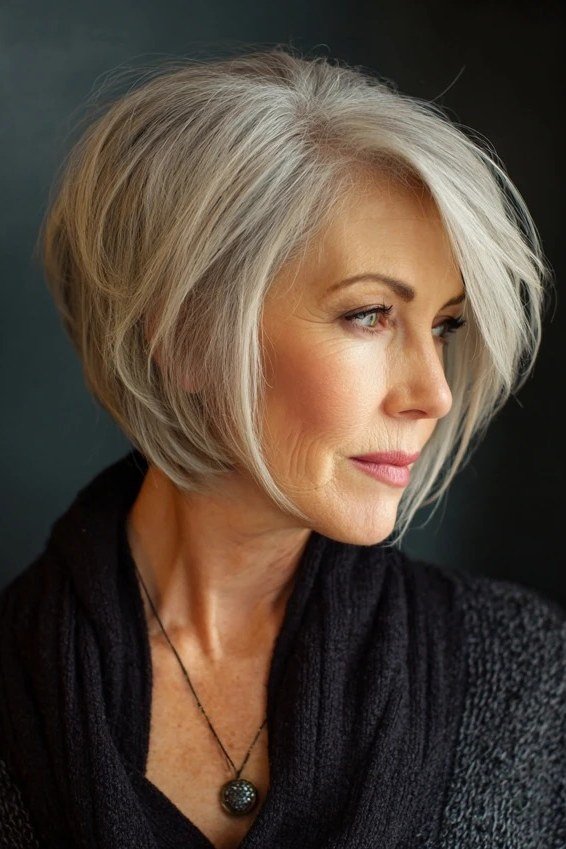 Platinum chin-length layered bob for women over 50