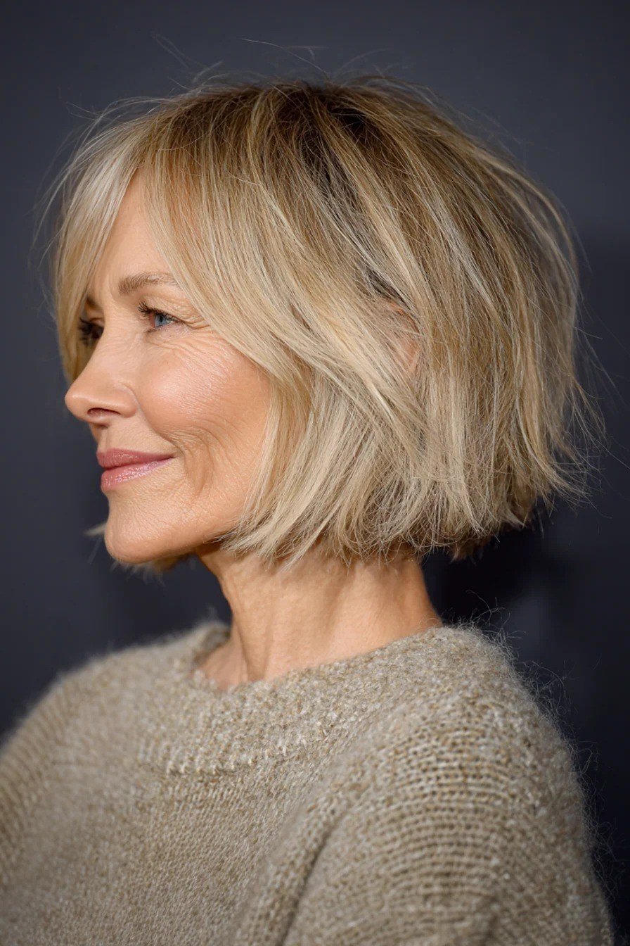 Blonde layered bob for women over 50