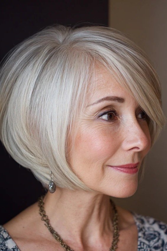 Platinum soft layered bob for women over 50