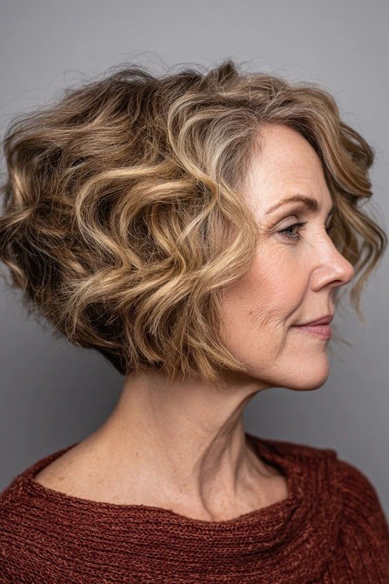 Curly blonde layered bob for women over 50