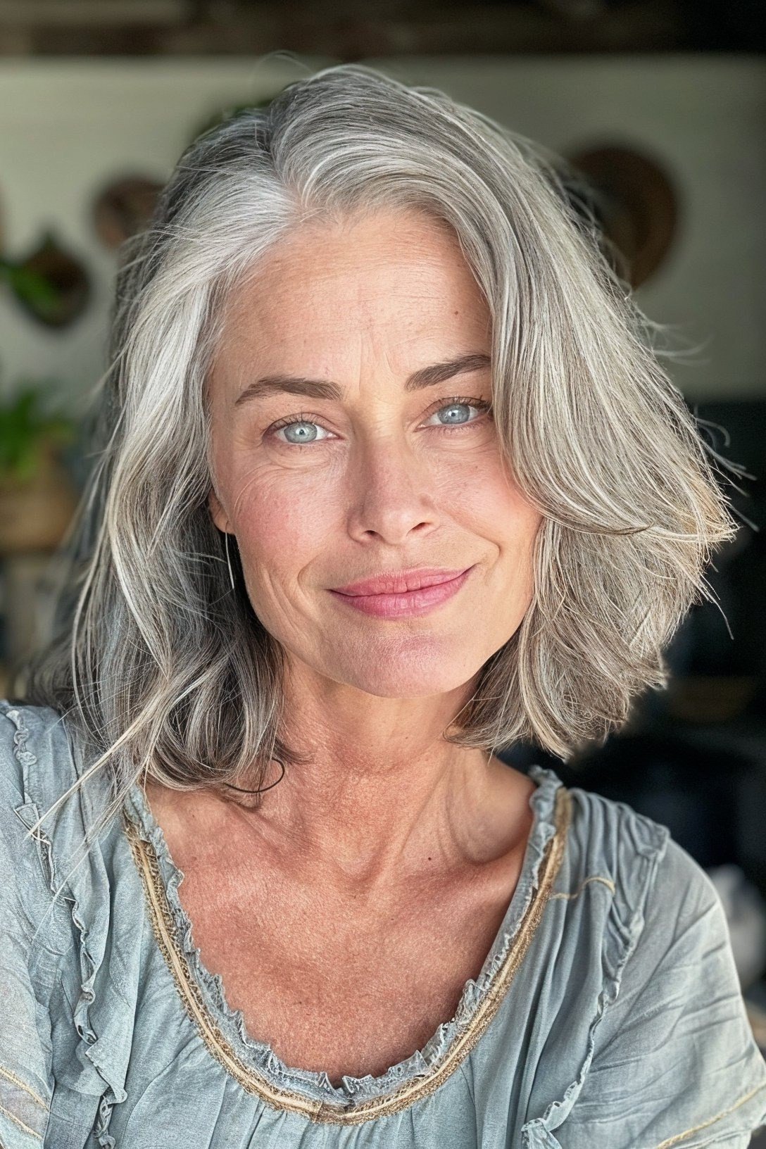 Long silver wavy layered bob for women over 50