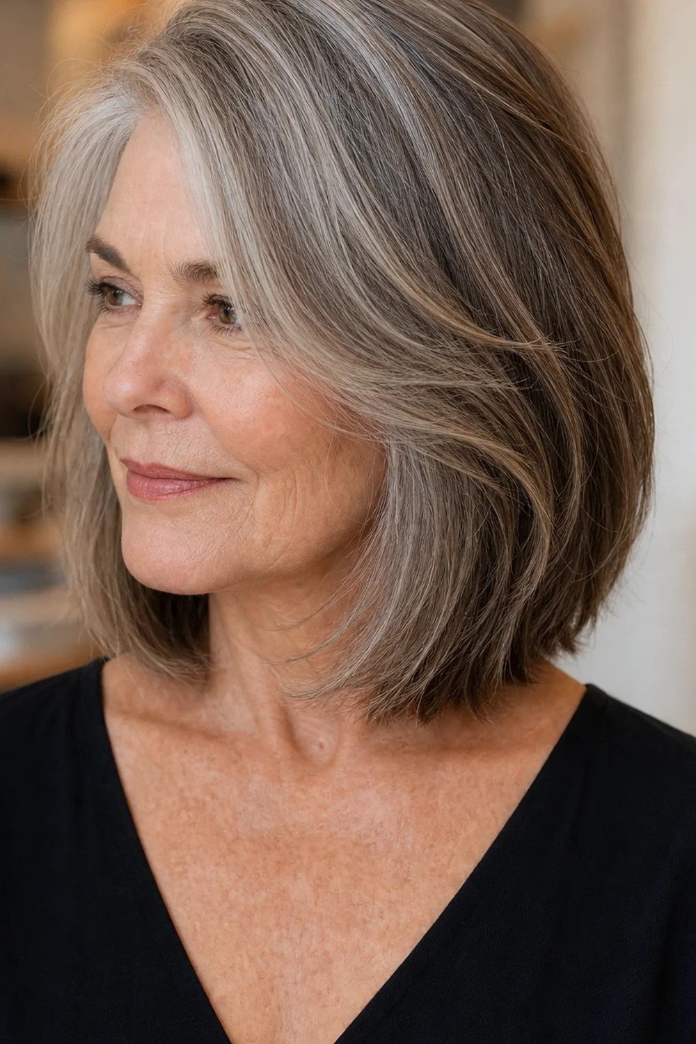 Brown-grey layered bob for women over 50