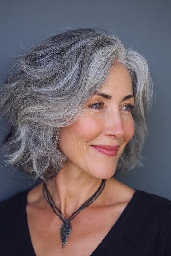 Grey wavy layered bob for women over 50