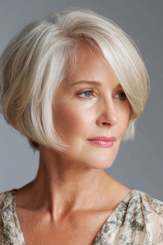 White side-parted layered bob for women over 50