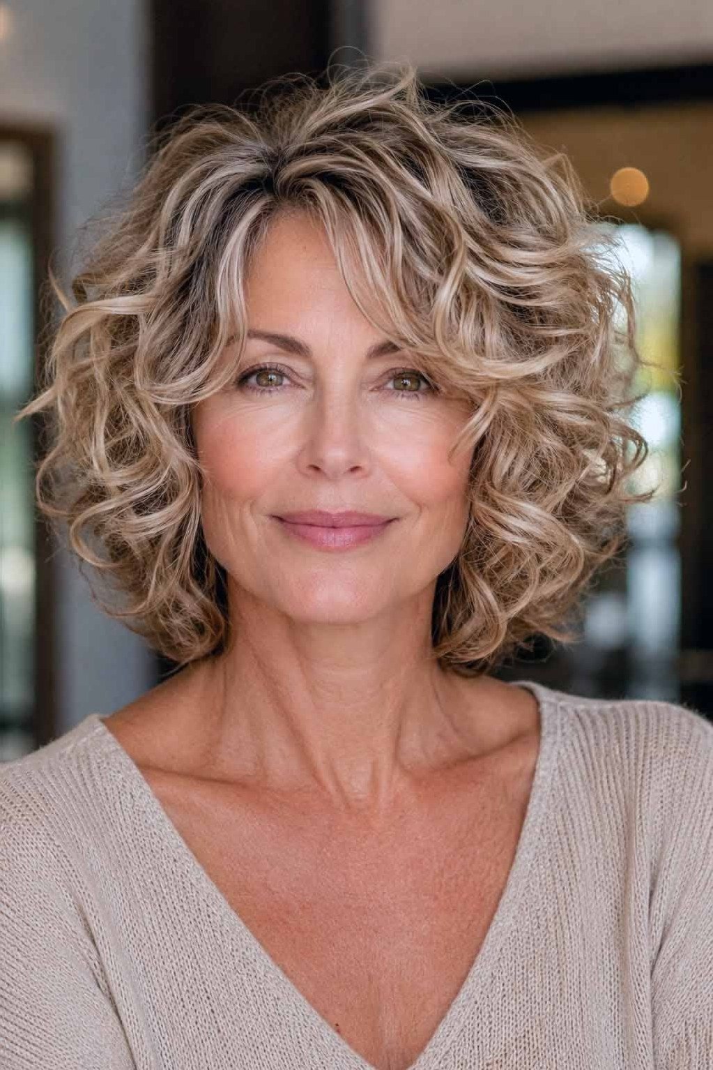 Curly grey layered bob for women over 50