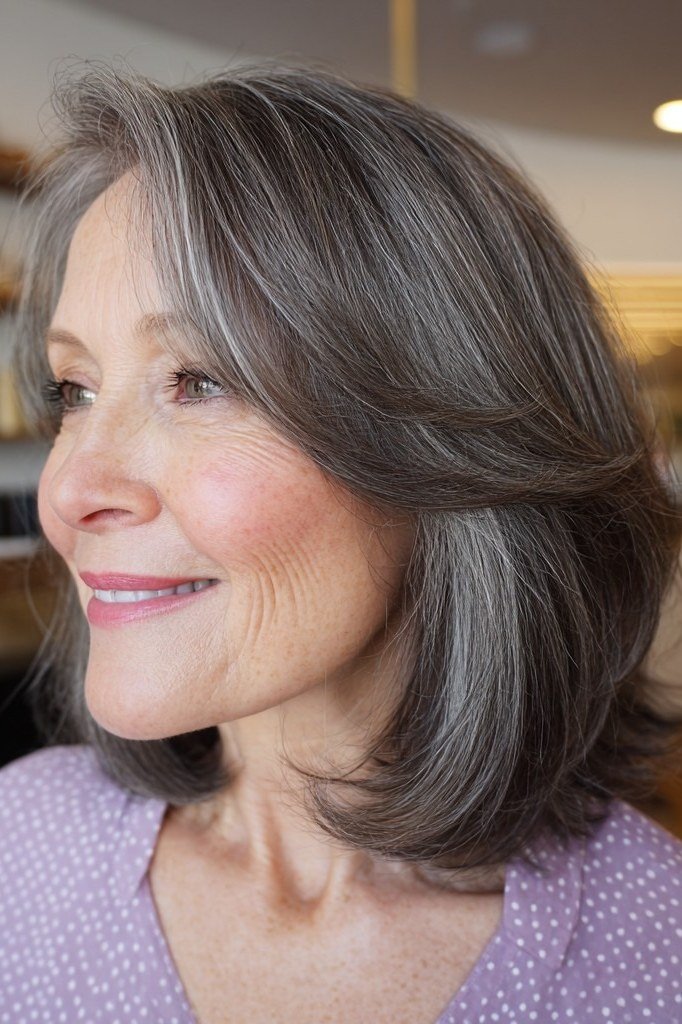 Grey shoulder-length layered bob for women over 50