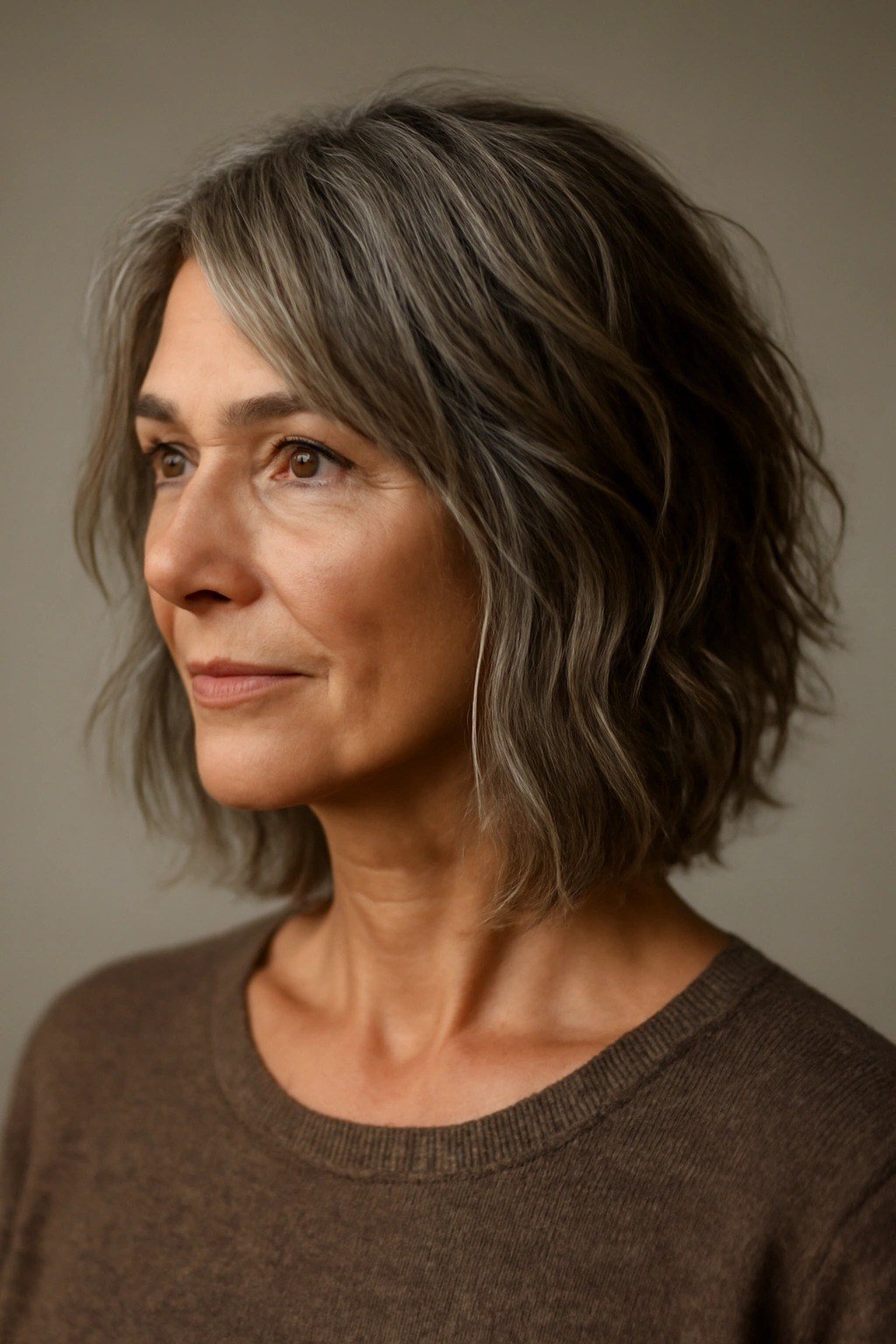 Brown shoulder-length layered bob for women over 50