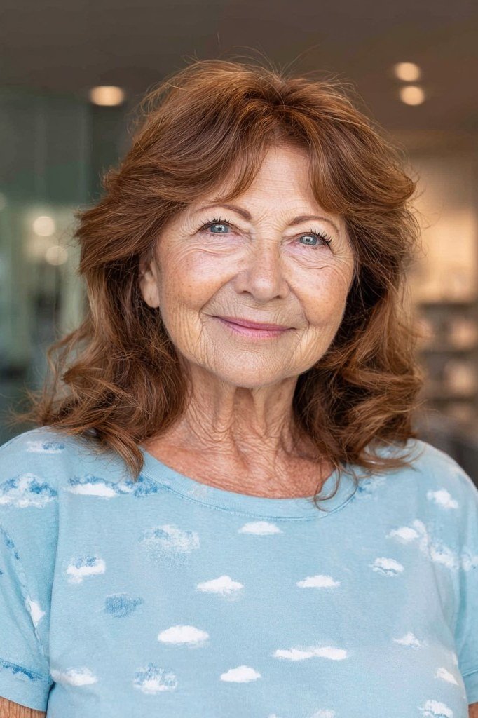 Copper curly layered bob for women over 50