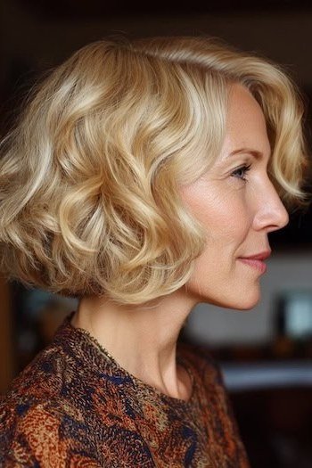 Blonde curly layered bob for women over 50