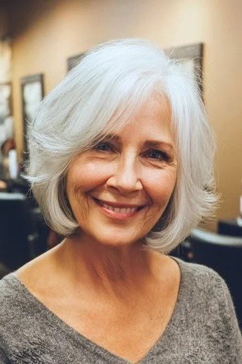 Soft white layered bob for women over 50