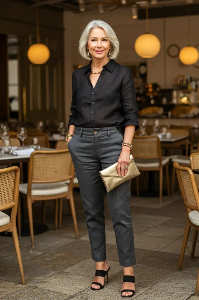 Black button shirt with gray tapered trousers and black heels for older women