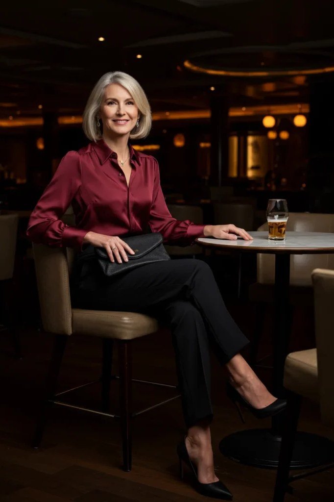 Burgundy satin blouse with black tailored trousers for older women