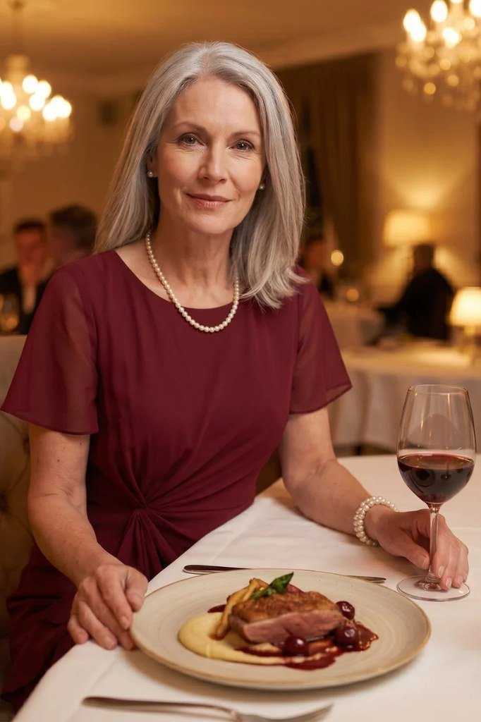Burgundy short-sleeve wrap dress at a dinner table for older women