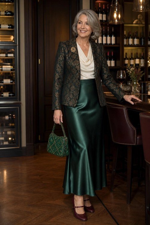 Emerald satin midi skirt with dark brocade blazer for older women