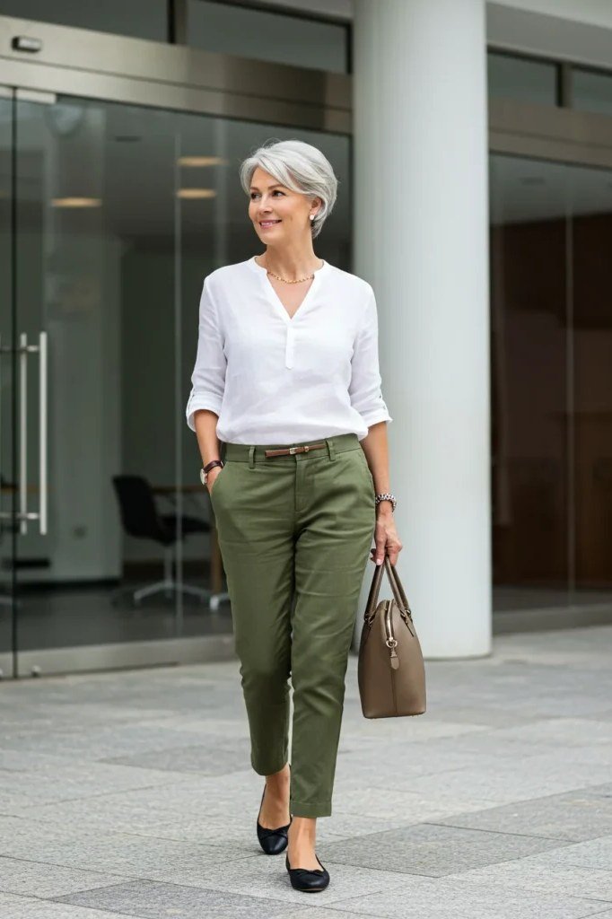 White shirt with olive green trousers and taupe bag for older women