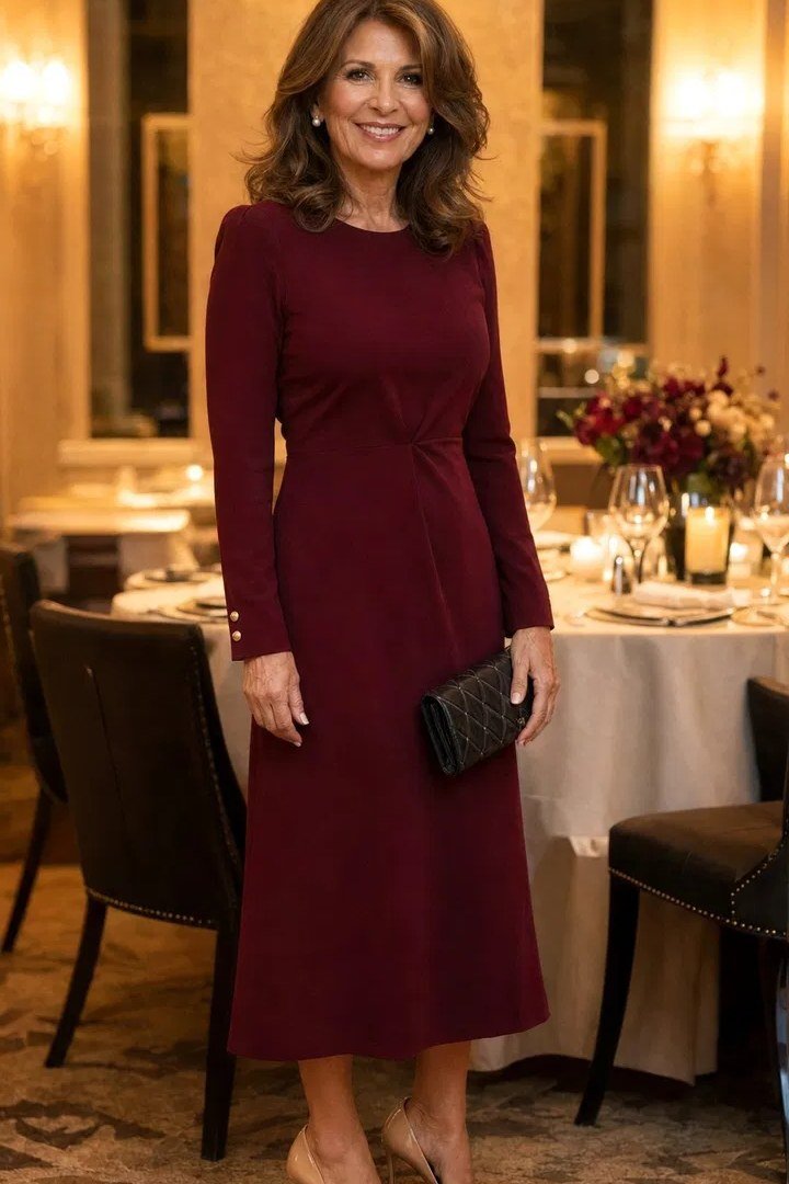 Burgundy long-sleeve midi dress for older women