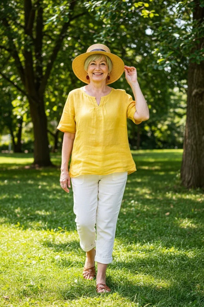 Yellow blouse with white capris and straw hat in a garden for older women