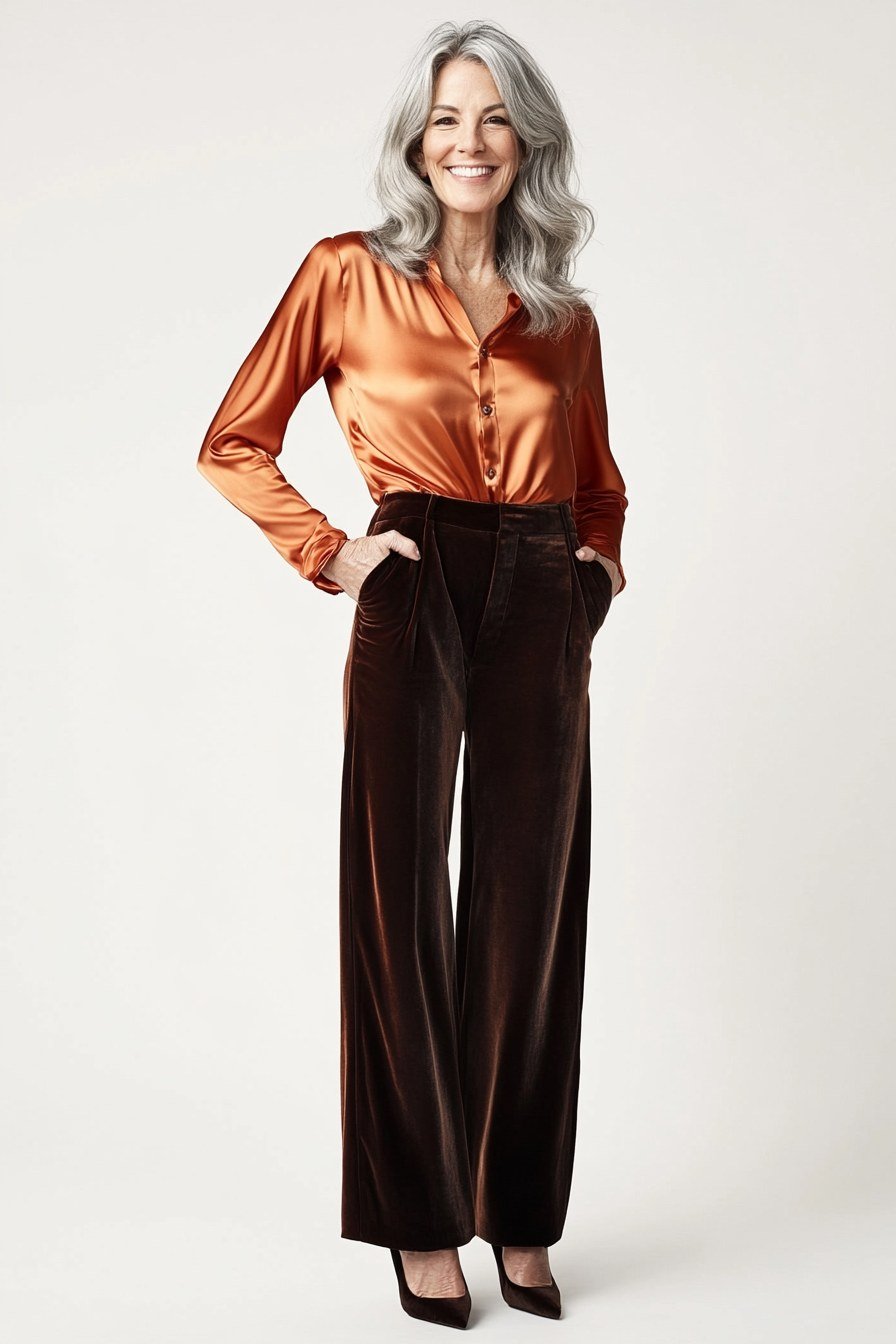 Rust satin blouse with brown wide-leg trousers for older women