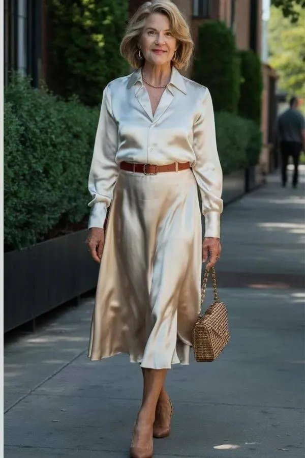 White shirt with champagne satin midi skirt and tan belt for older women