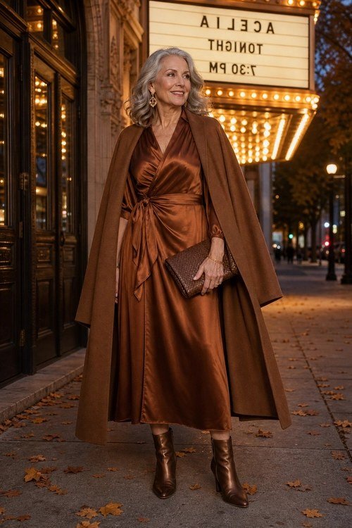 Rust satin wrap dress with long camel coat at a theater for older women