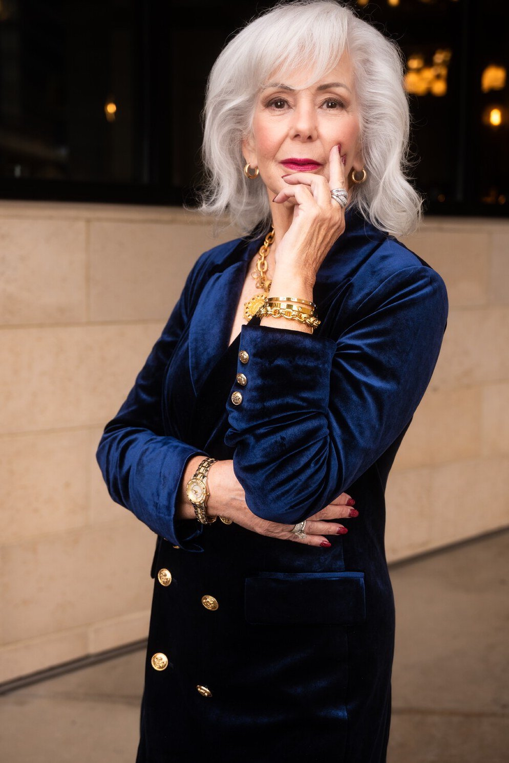 Navy velvet blazer dress with gold buttons for older women