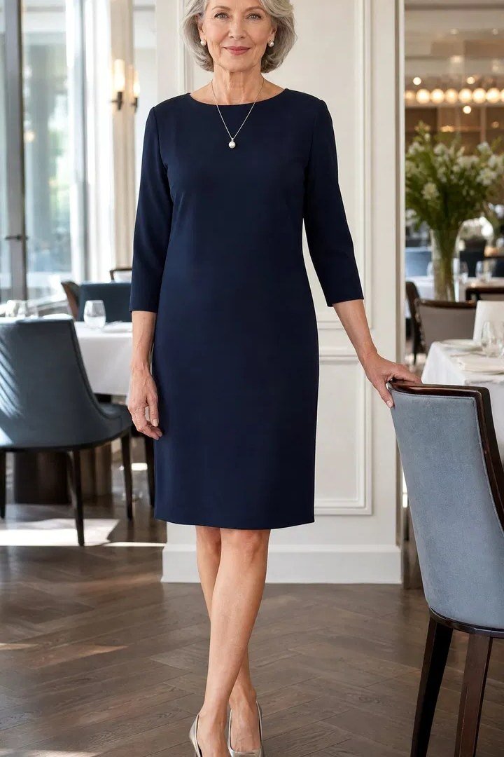 Navy sheath dress in a restaurant for older women