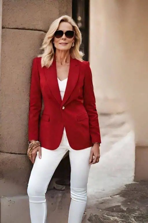 Red blazer with white jeans and sunglasses for older women