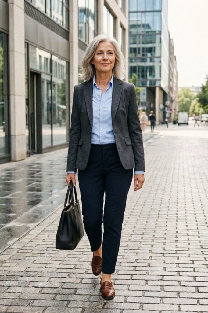 Gray blazer with light blue shirt and navy trousers with brown shoes for older women
