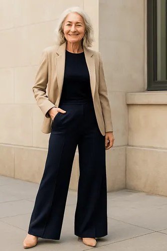 Camel blazer with black top and navy wide-leg pants for older women