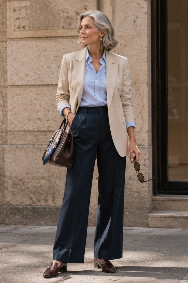 Beige blazer with white top and navy trousers for older women
