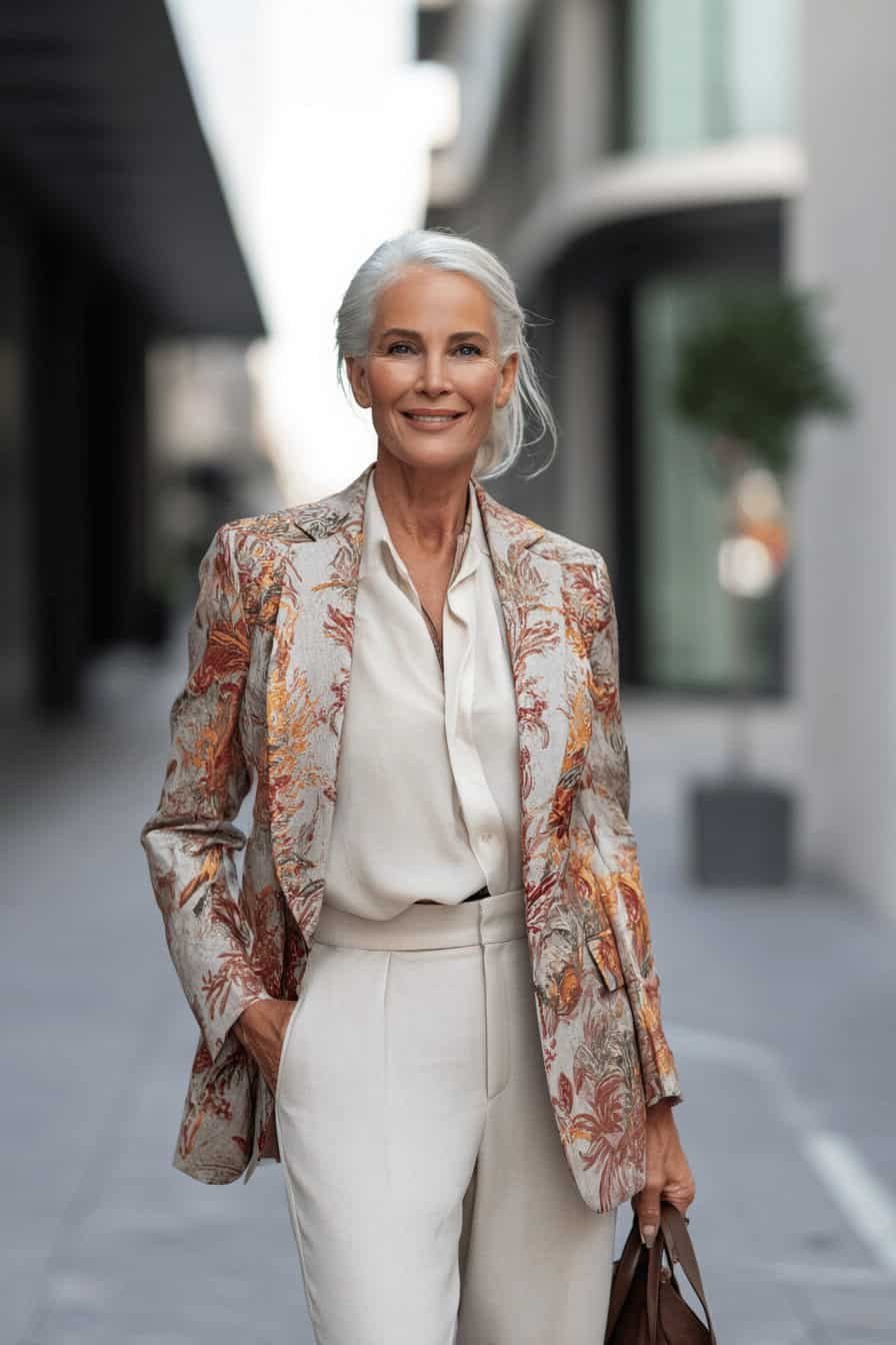 Floral blazer with white top and white trousers for older women