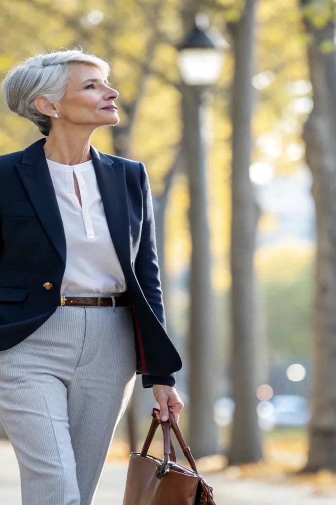 Navy blazer with white top and light gray trousers in a park for older women