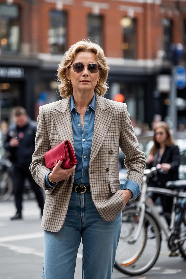 Houndstooth blazer with chambray shirt and jeans and red clutch for older women