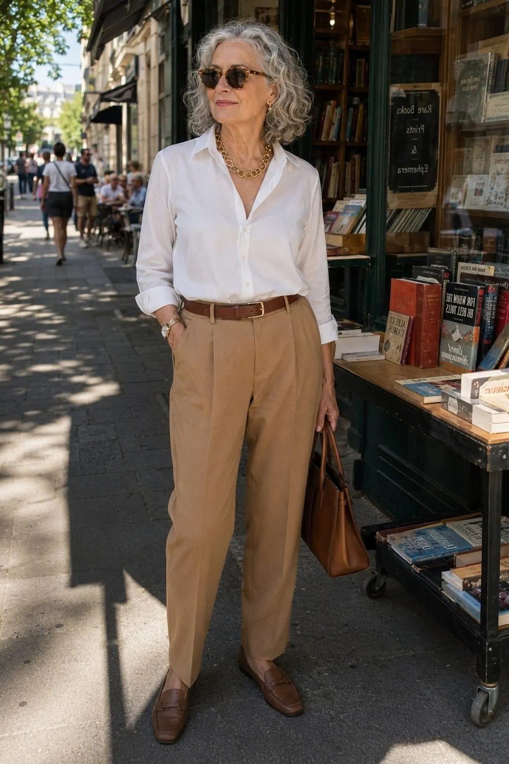 White shirt with camel trousers and loafers for older women