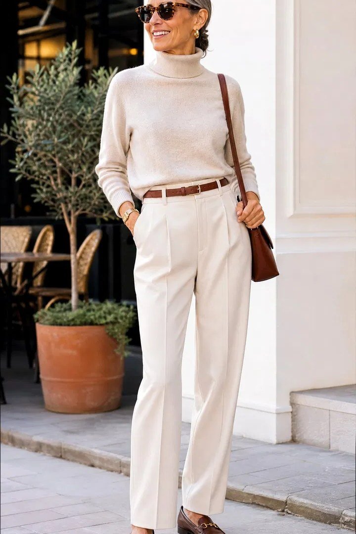 Cream turtleneck with white wide trousers and brown belt for older women